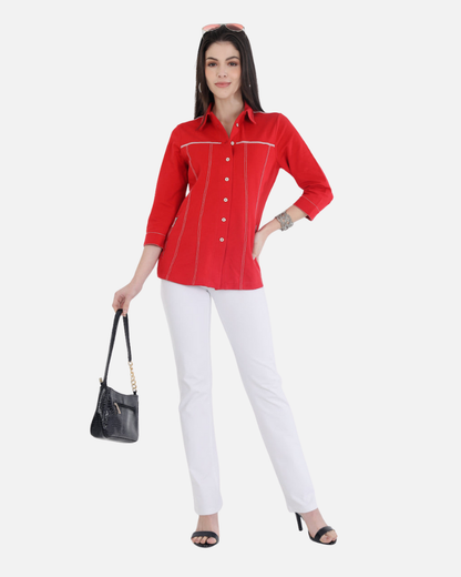 Classic Red Cotton Stretch Shirt Jacket