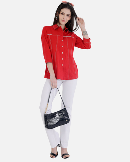 Classic Red Cotton Stretch Shirt Jacket
