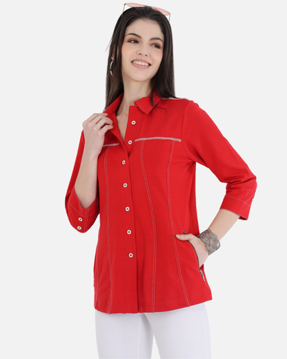 Classic Red Cotton Stretch Shirt Jacket