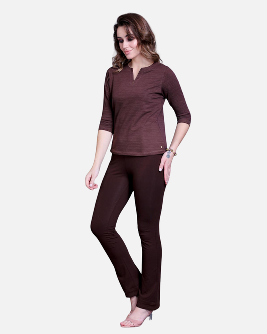 Coffee Brown Bootleg Stretch Pants with Zipped Side Pocket