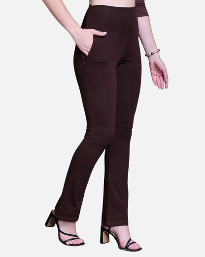 Coffee Brown Bootleg Stretch Pants with Zipped Side Pocket