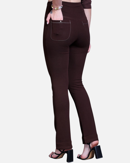 Coffee Brown Bootleg Stretch Pants with Zipped Side Pocket