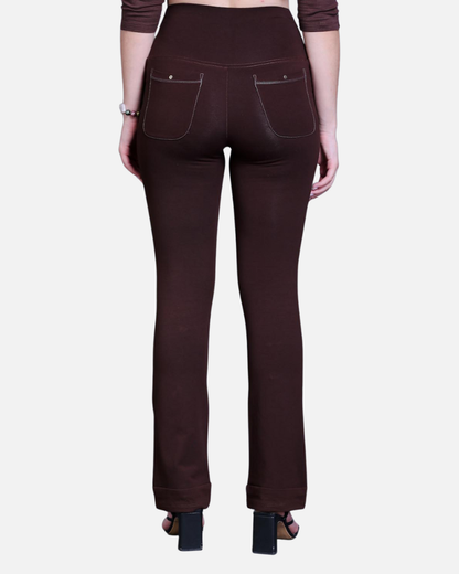 Coffee Brown Bootleg Stretch Pants with Zipped Side Pocket