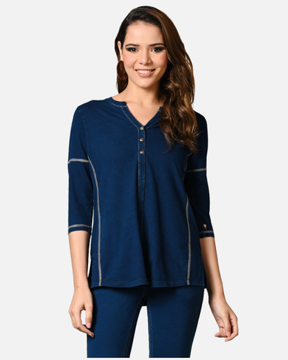 Denim Indigo Stretch Side Yoke Top
