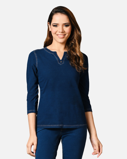 Denim Stretch Indigo V Neck Top