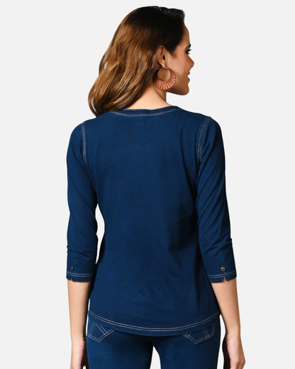 Denim Stretch Indigo V Neck Top