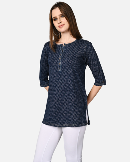 Denim Stretch Paisley Printed Long Top