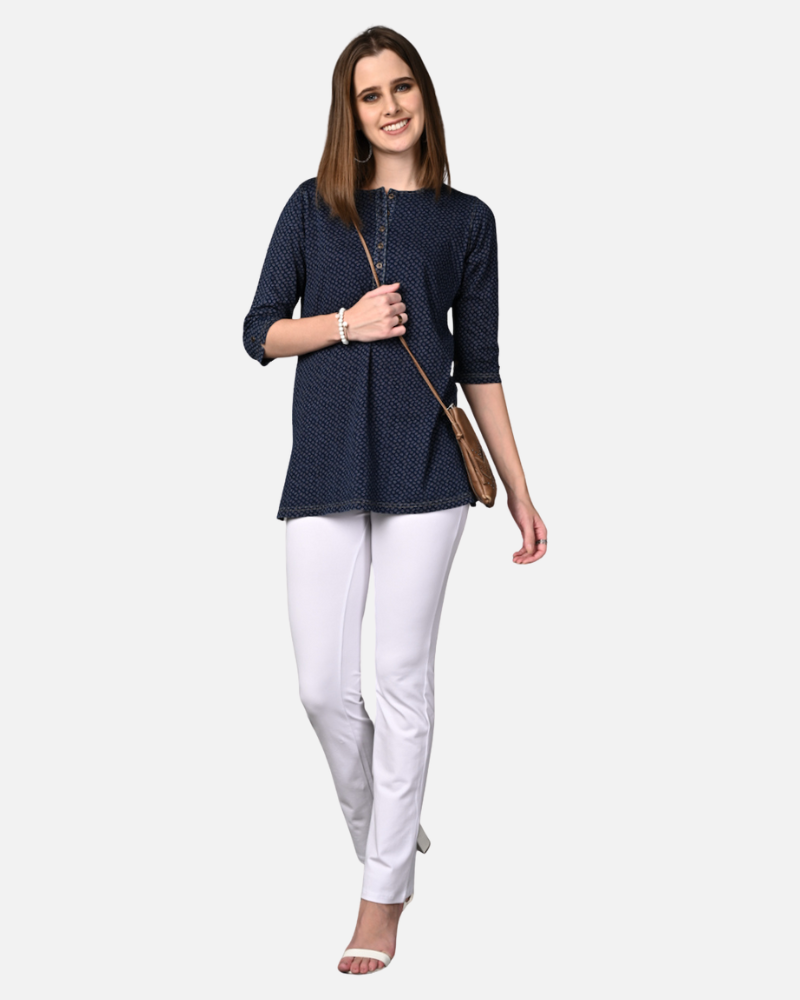 Denim Stretch Paisley Printed Long Top