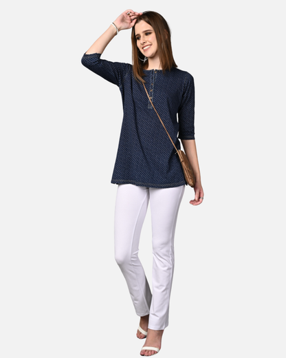 Denim Stretch Paisley Printed Long Top