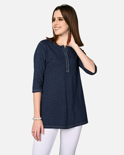 Denim Stretch Paisley Printed Long Top