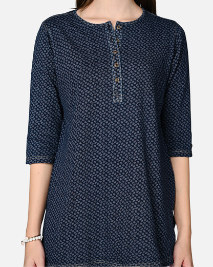 Denim Stretch Paisley Printed Long Top