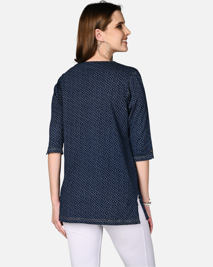 Denim Stretch Paisley Printed Long Top