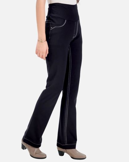 Double Stitch Black Cotton Stretch Pants