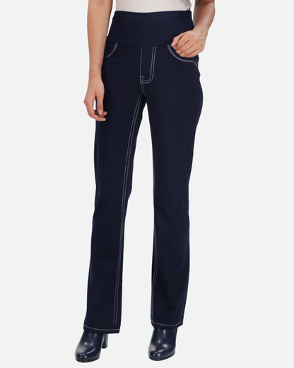 Double Stitch Solid Navy Cotton Stretch Pants