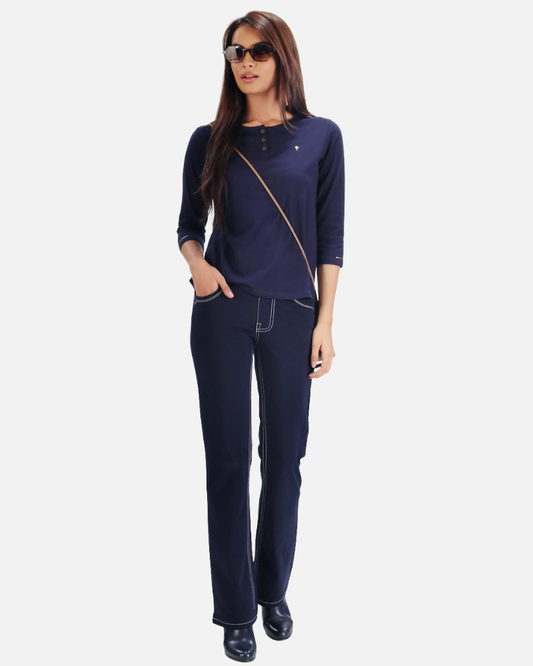 Double Stitch Solid Navy Cotton Stretch Pants