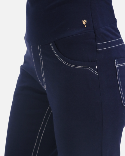 Double Stitch Solid Navy Cotton Stretch Pants