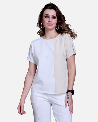 Fawn & White Cotton Stretch Dolman Sleeve Top