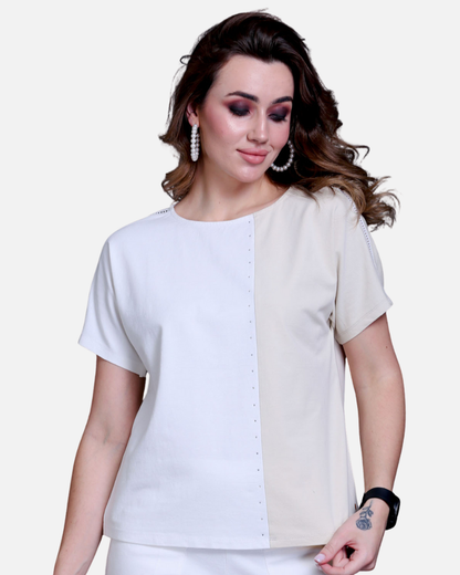 Fawn & White Cotton Stretch Dolman Sleeve Top