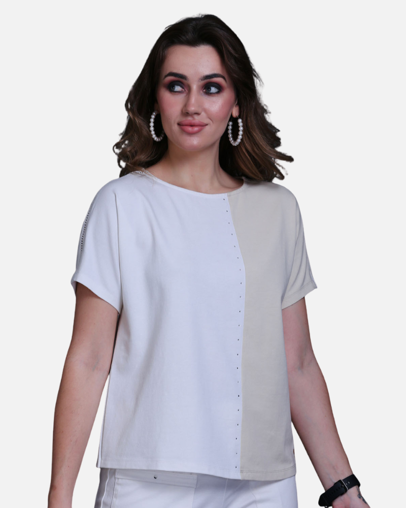 Fawn & White Cotton Stretch Dolman Sleeve Top