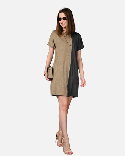 Fawn Grey Melange Stretch Round Neck Dress