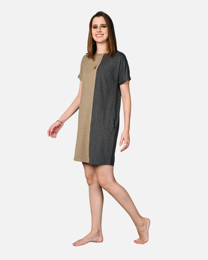 Fawn Grey Melange Stretch Round Neck Dress
