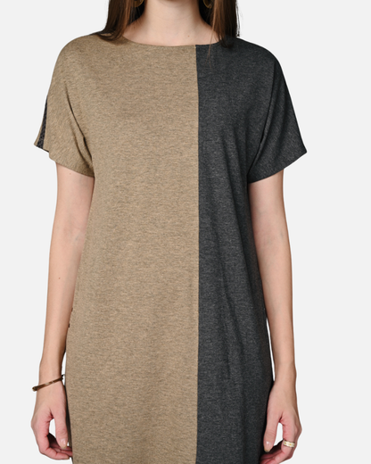 Fawn Grey Melange Stretch Round Neck Dress