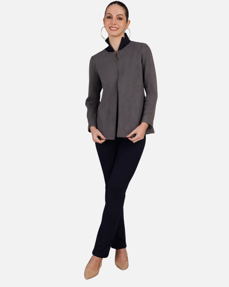 Grey Stretch Velvet Round Collar Open Jacket