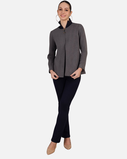 Grey Stretch Velvet Round Collar Open Jacket