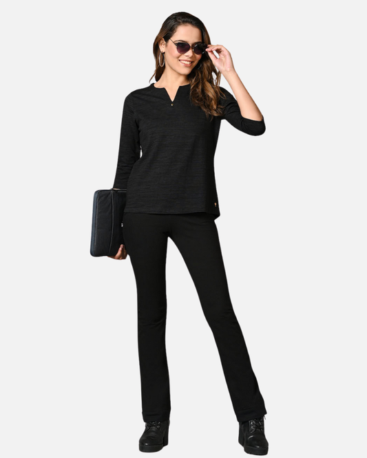 High Waist Black Cotton Stretch Flair Pants