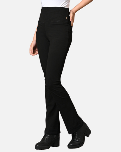 High Waist Black Cotton Stretch Flair Pants