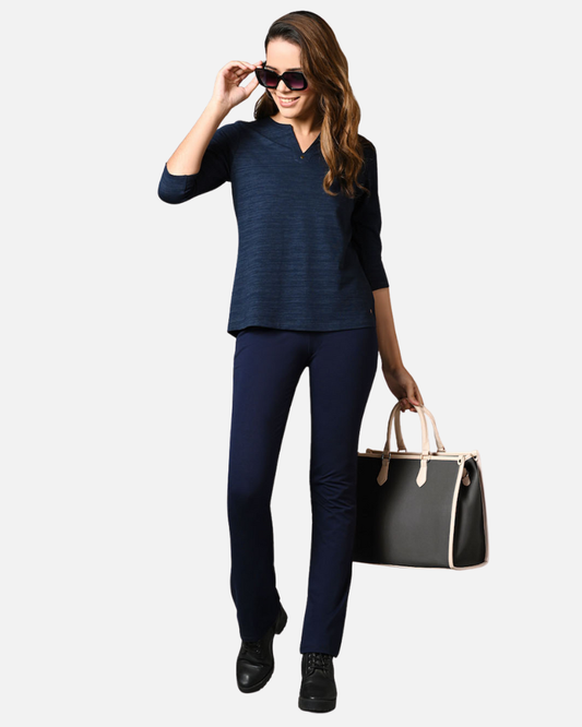 High Waist Navy Cotton Stretch Flair Pants