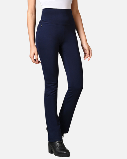 High Waist Navy Cotton Stretch Flair Pants