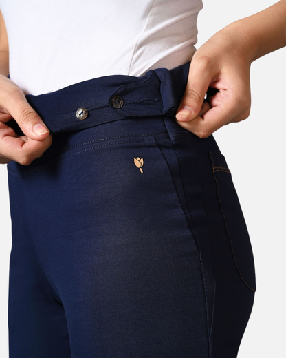 High Waist Navy Cotton Stretch Flair Pants