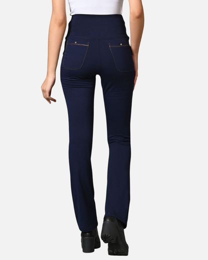 High Waist Navy Cotton Stretch Flair Pants