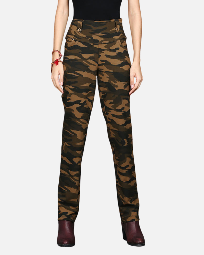 Khaki Stretch Camouflage Straight Fit Pants
