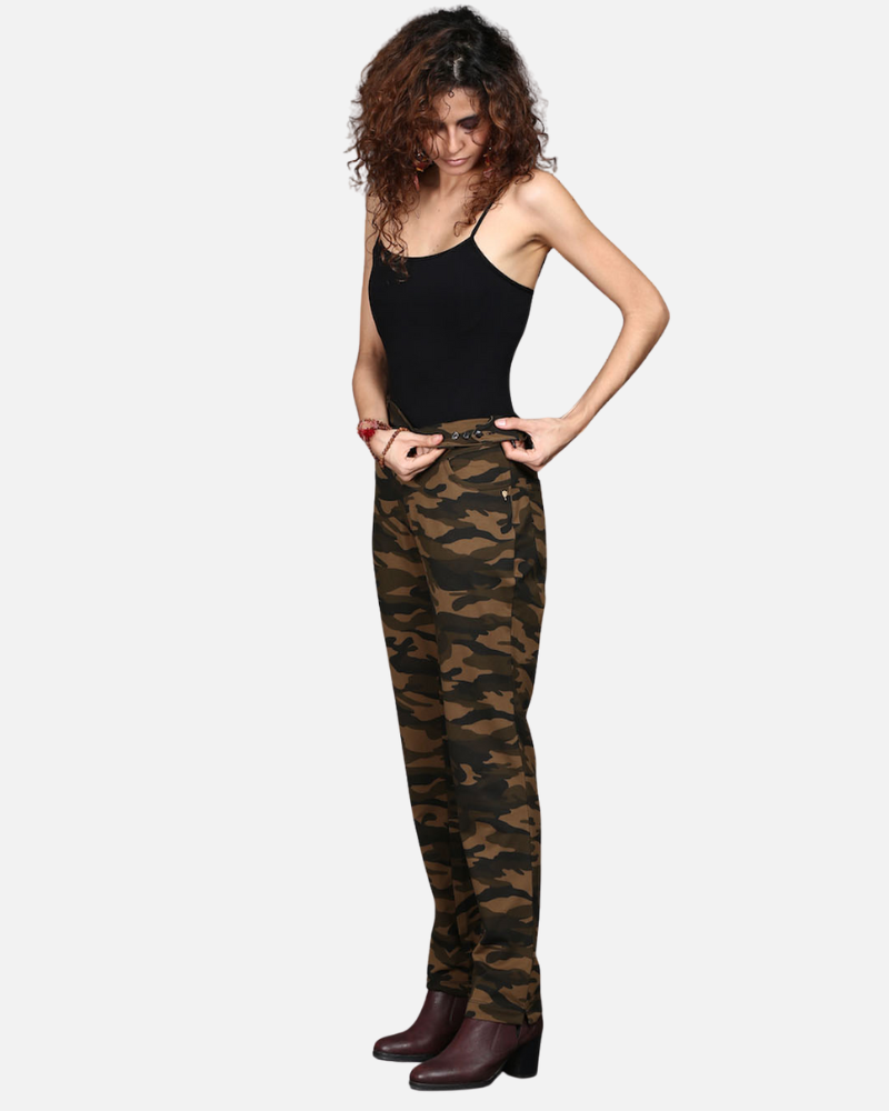Khaki Stretch Camouflage Straight Fit Pants