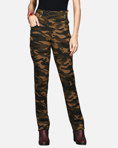 Khaki Stretch Camouflage Straight Fit Pants