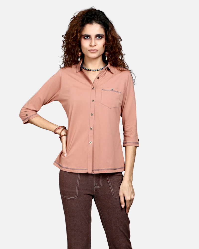 Light Brown Stretch Shirt with Grey Stitch & Front Pocket