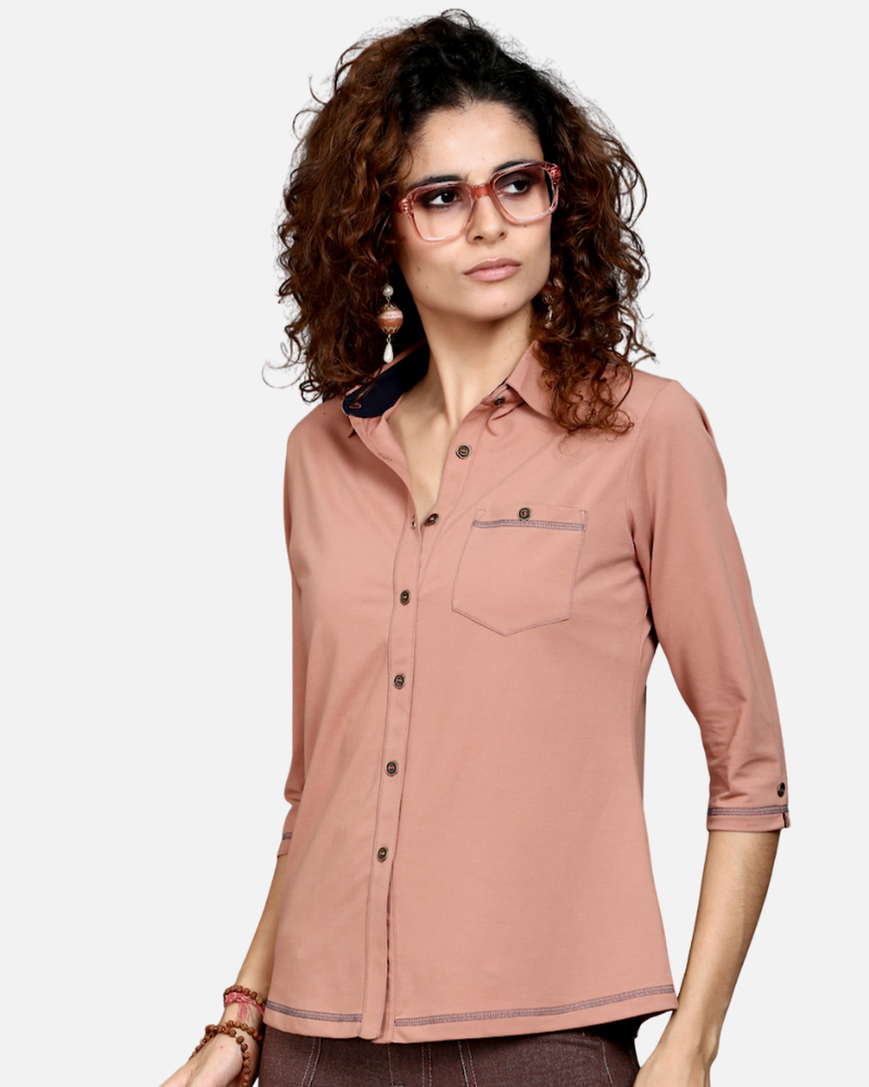 Light Brown Stretch Shirt with Grey Stitch & Front Pocket