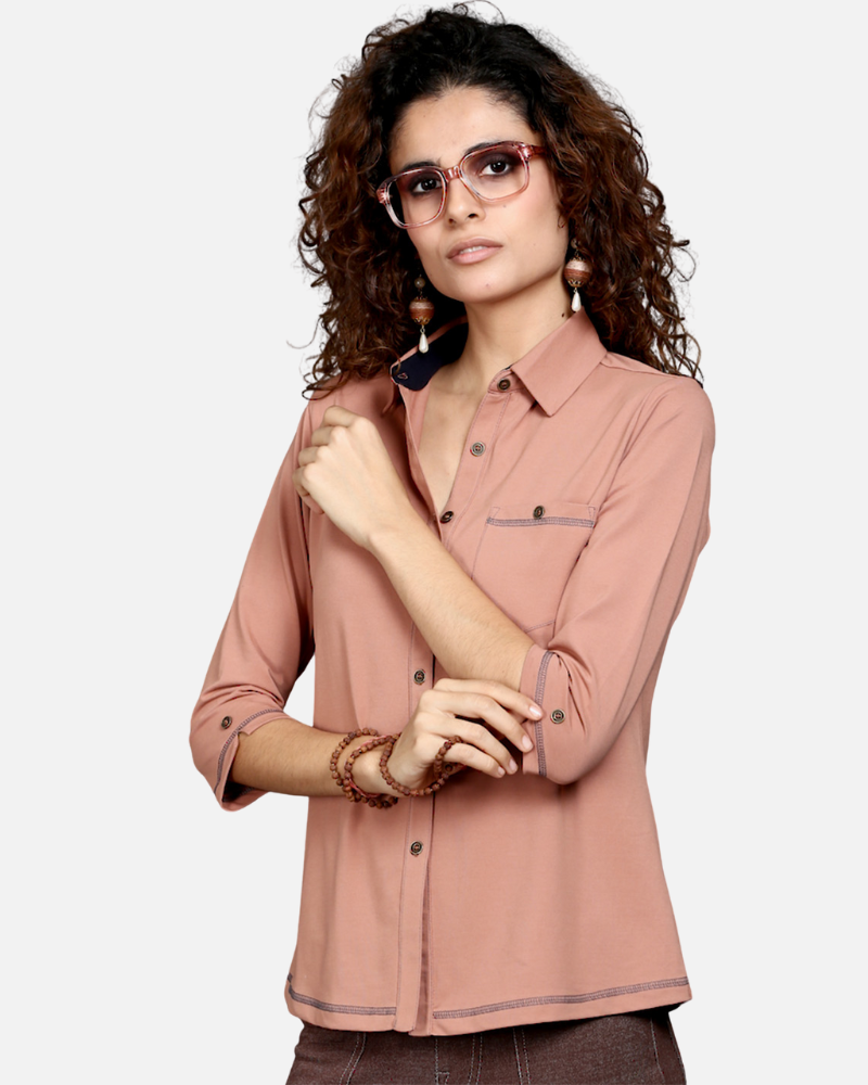 Light Brown Stretch Shirt with Grey Stitch & Front Pocket