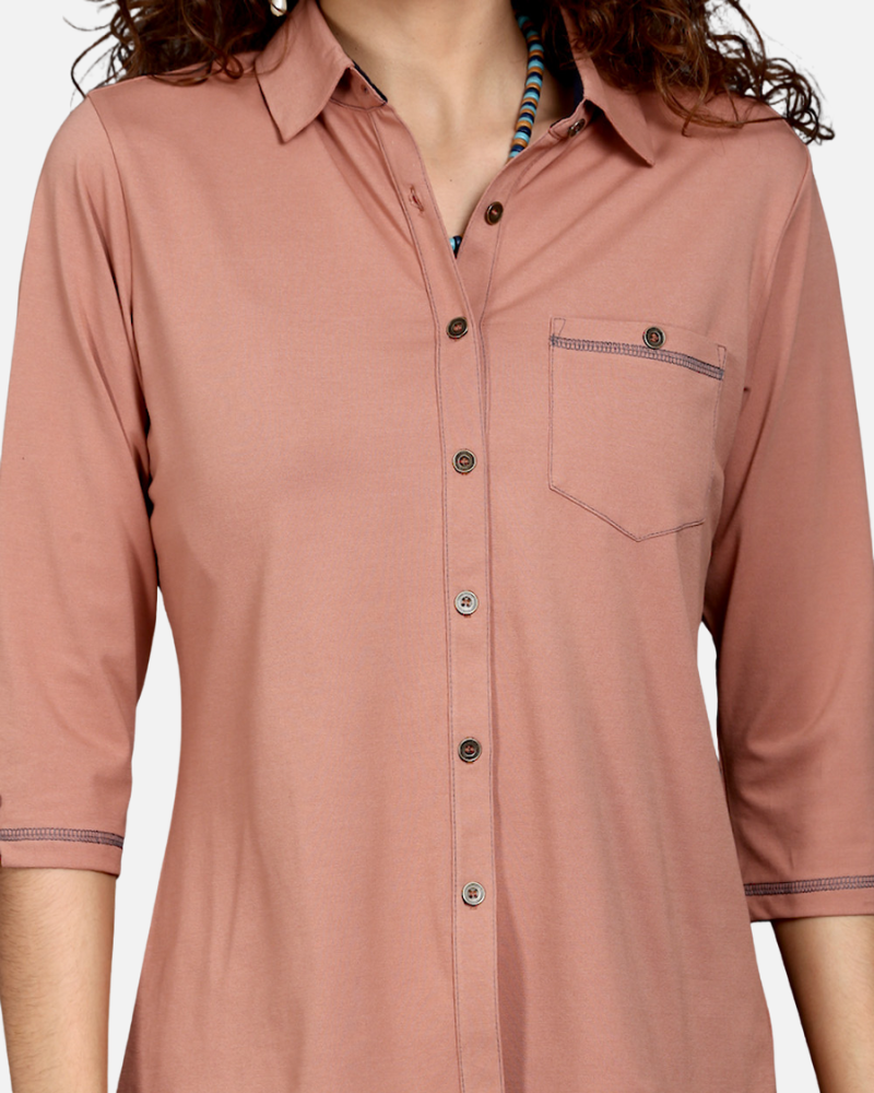 Light Brown Stretch Shirt with Grey Stitch & Front Pocket