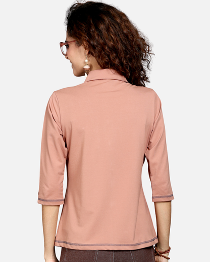 Light Brown Stretch Shirt with Grey Stitch & Front Pocket