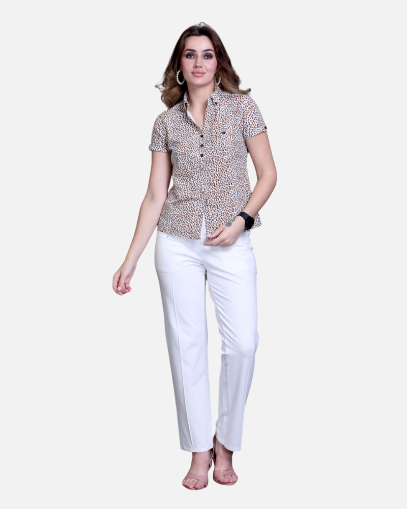 Light Leopard Print Shirt Stretch Cotton Top