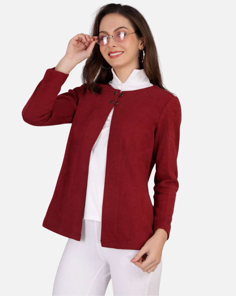Maroon Stretch Velvet Round Collar Open Jacket