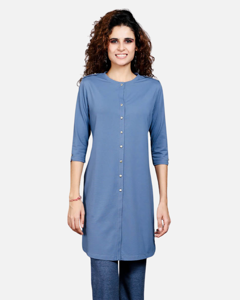 Medium Blue Cotton Stretch Kurta Tunic