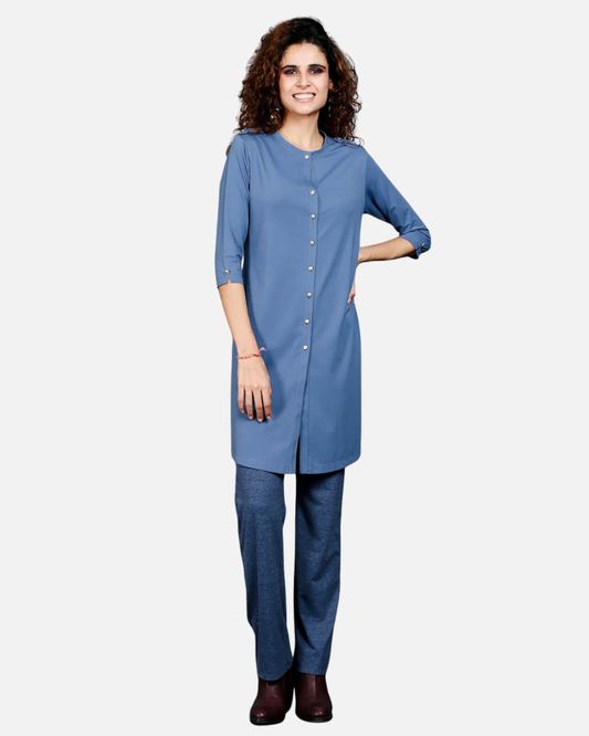 Medium Blue Cotton Stretch Kurta Tunic