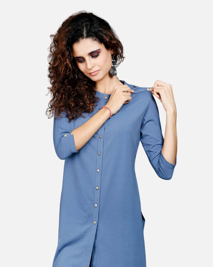 Medium Blue Cotton Stretch Kurta Tunic