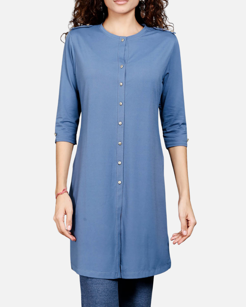 Medium Blue Cotton Stretch Kurta Tunic