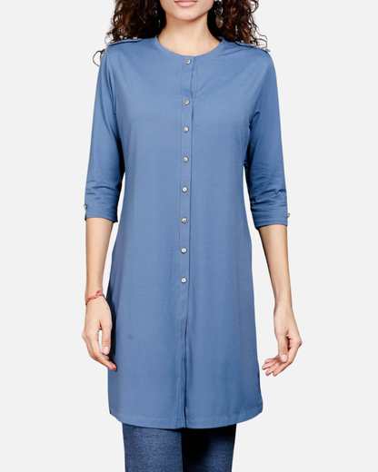 Medium Blue Cotton Stretch Kurta Tunic