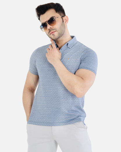 Men's Blue Jacquard Cotton T-Shirt